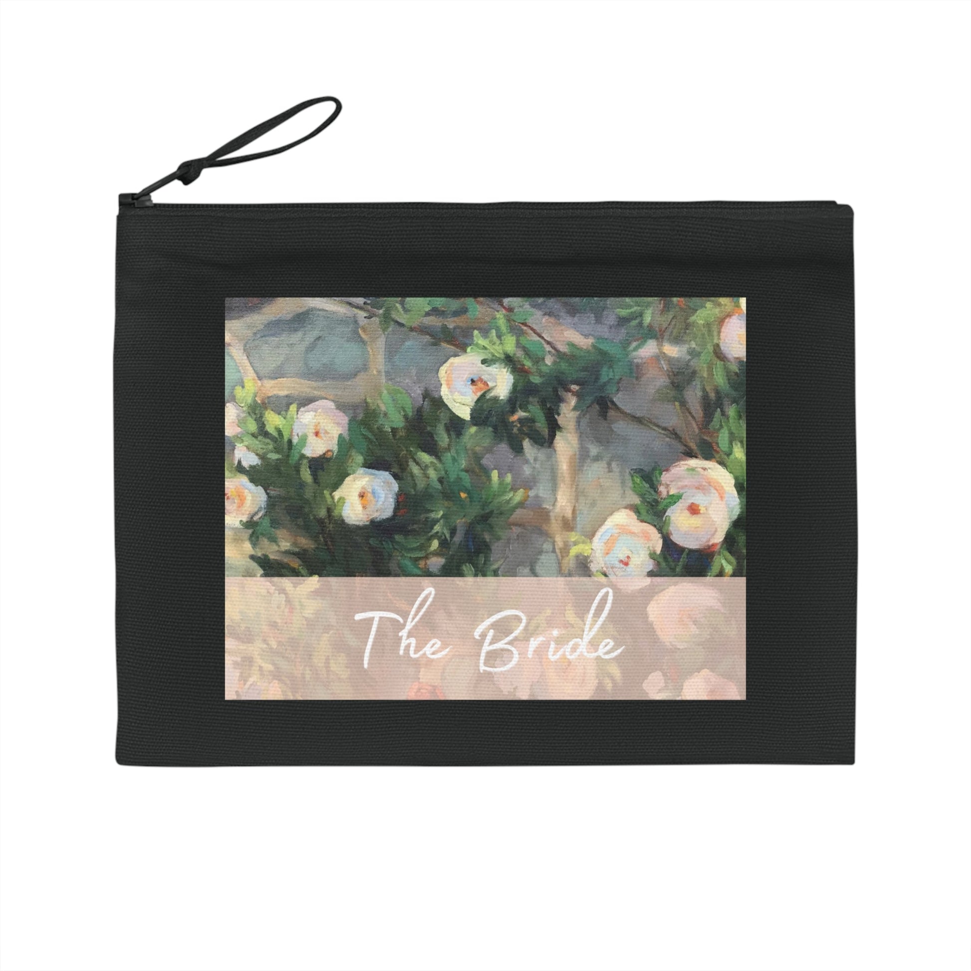 'Bachelorette' Eco-Friendly Pouch I Bridal Collection I with 'White Roses' Original Artwork by American Artist Barbara Cleary-2