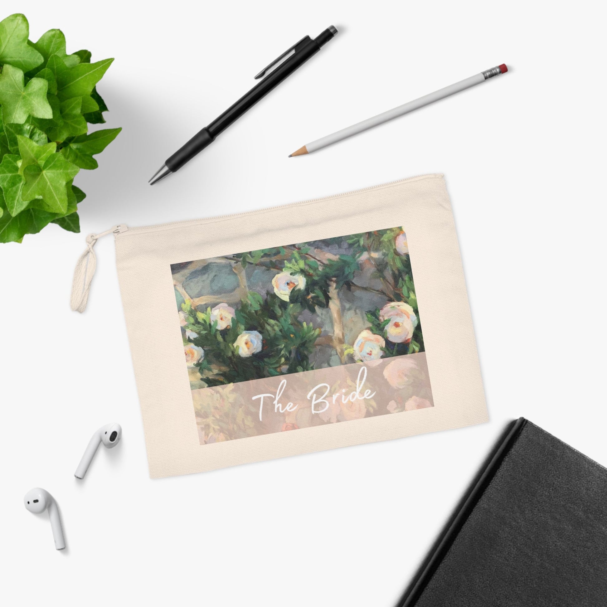 'Bachelorette' Eco-Friendly Pouch I Bridal Collection I with 'White Roses' Original Artwork by American Artist Barbara Cleary-4