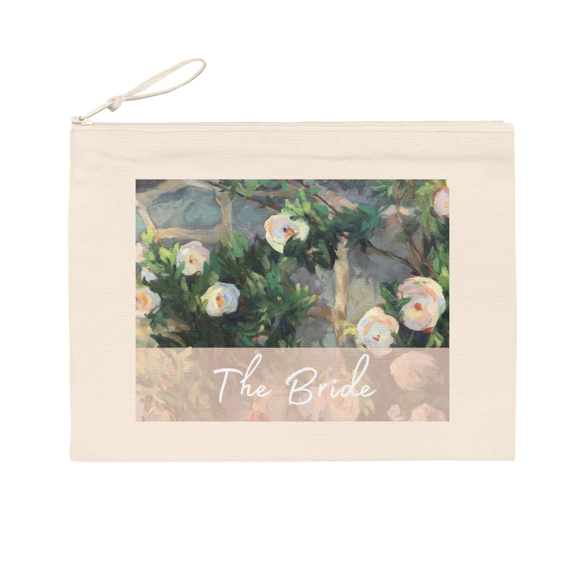 'Bachelorette' Eco-Friendly Pouch I Bridal Collection I with 'White Roses' Original Artwork by American Artist Barbara Cleary-0