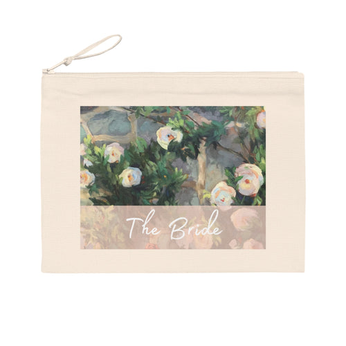 'Bachelorette' Eco-Friendly Pouch I Bridal Collection I with 'White Roses' Original Artwork by American Artist Barbara Cleary-0