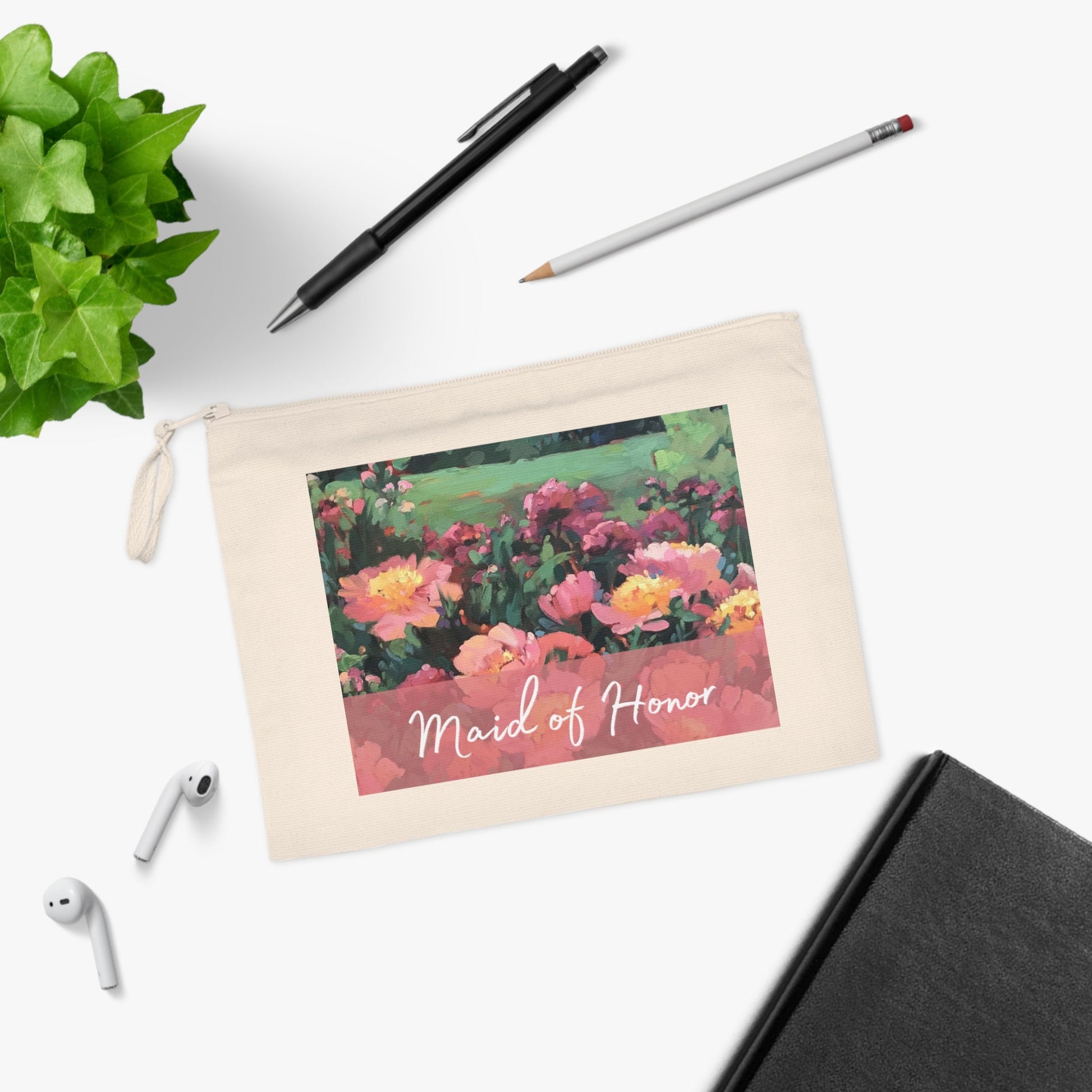 'Maid of Honor' Eco-Friendly Pouch I Bridal Collection I with 'Pink Princess' Original Artwork by American Artist Barbara Cleary-4