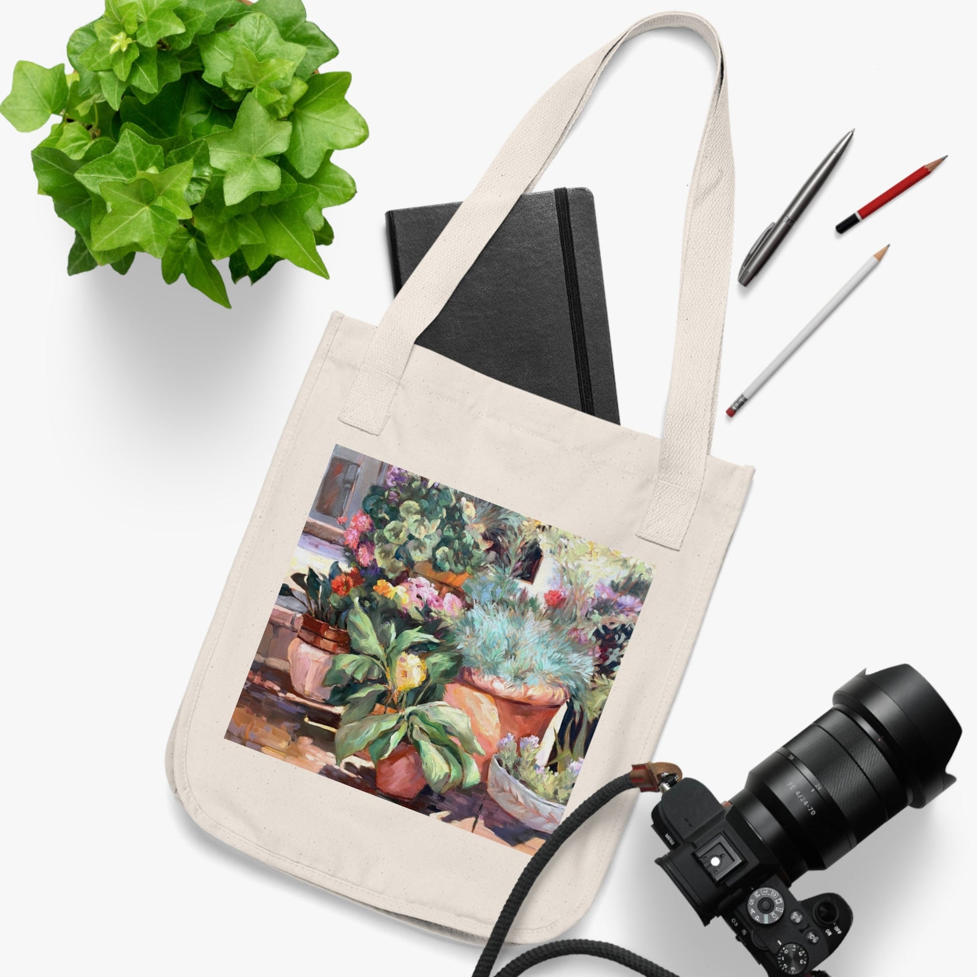 Organic Canvas Tote Bag with 'Garden Serenity' Floral I Original Artwork by American Artist Barbara Cleary-2