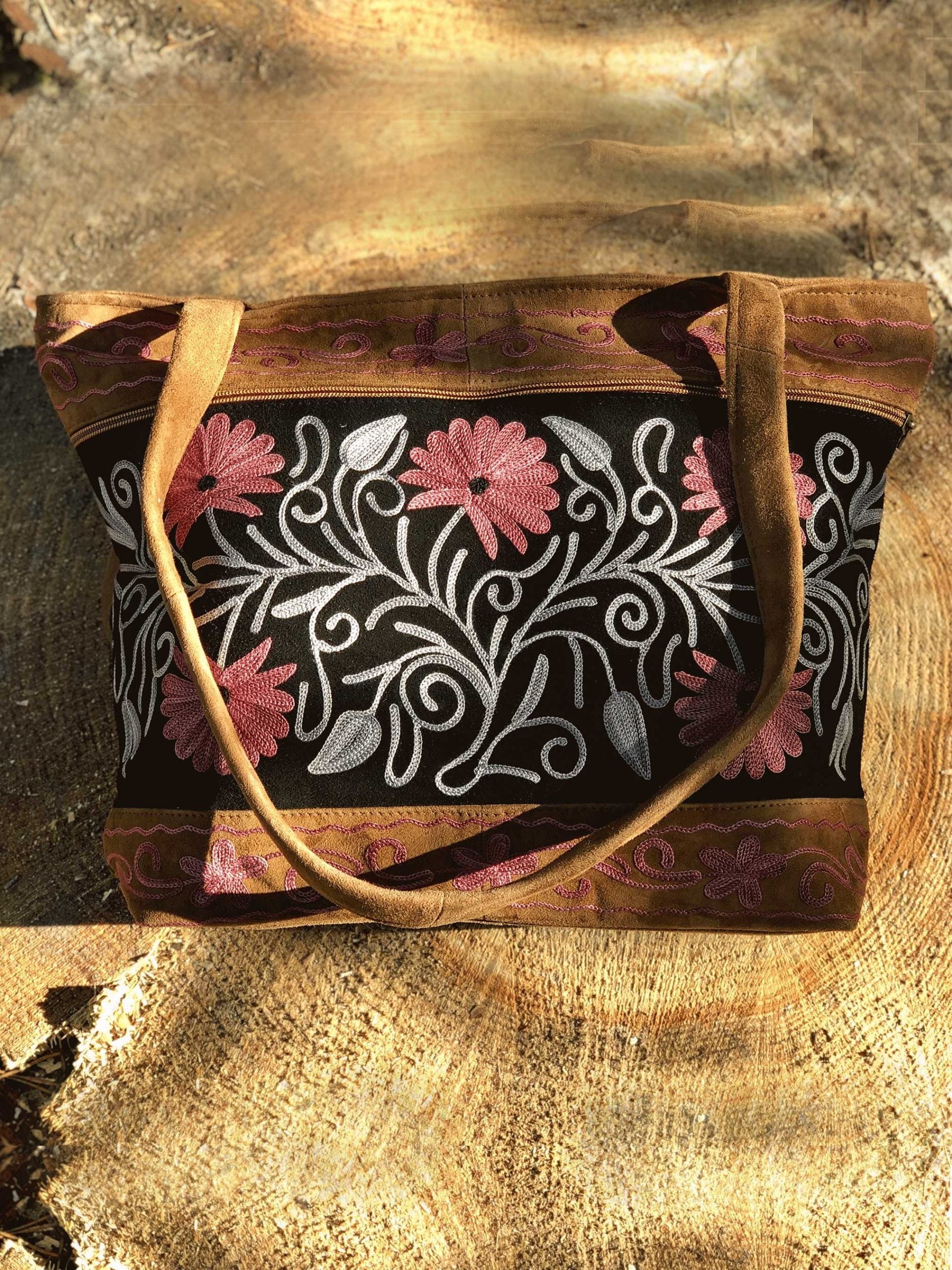 Handmade Black And Pink Suede Embroidered Tote Bag-1