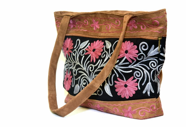 Handmade Black And Pink Suede Embroidered Tote Bag-3