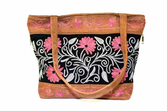 Handmade Black And Pink Suede Embroidered Tote Bag-2