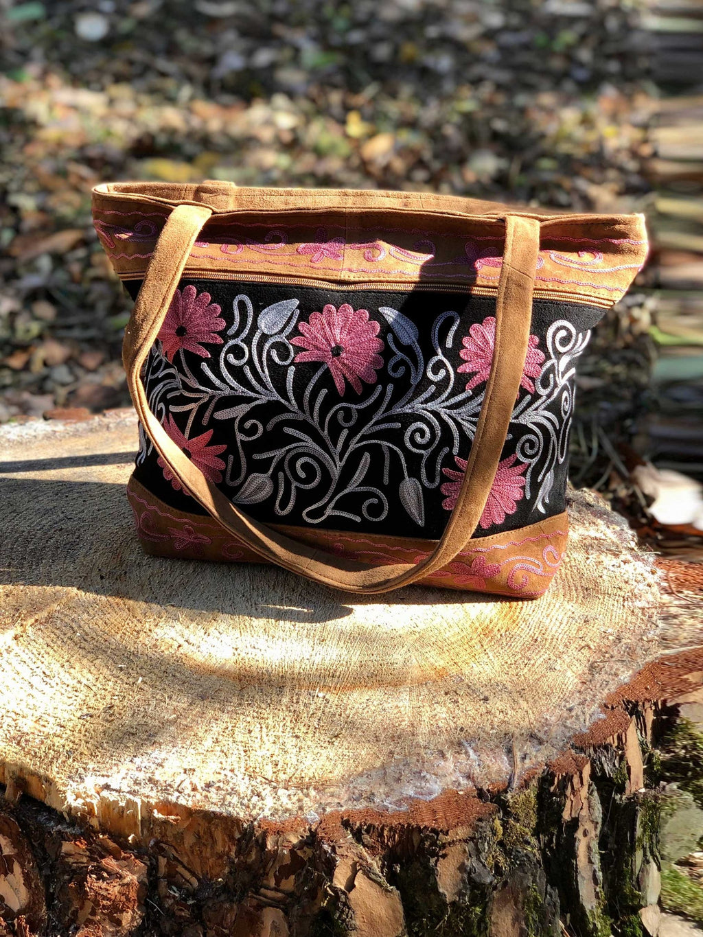 Handmade Black And Pink Suede Embroidered Tote Bag-0