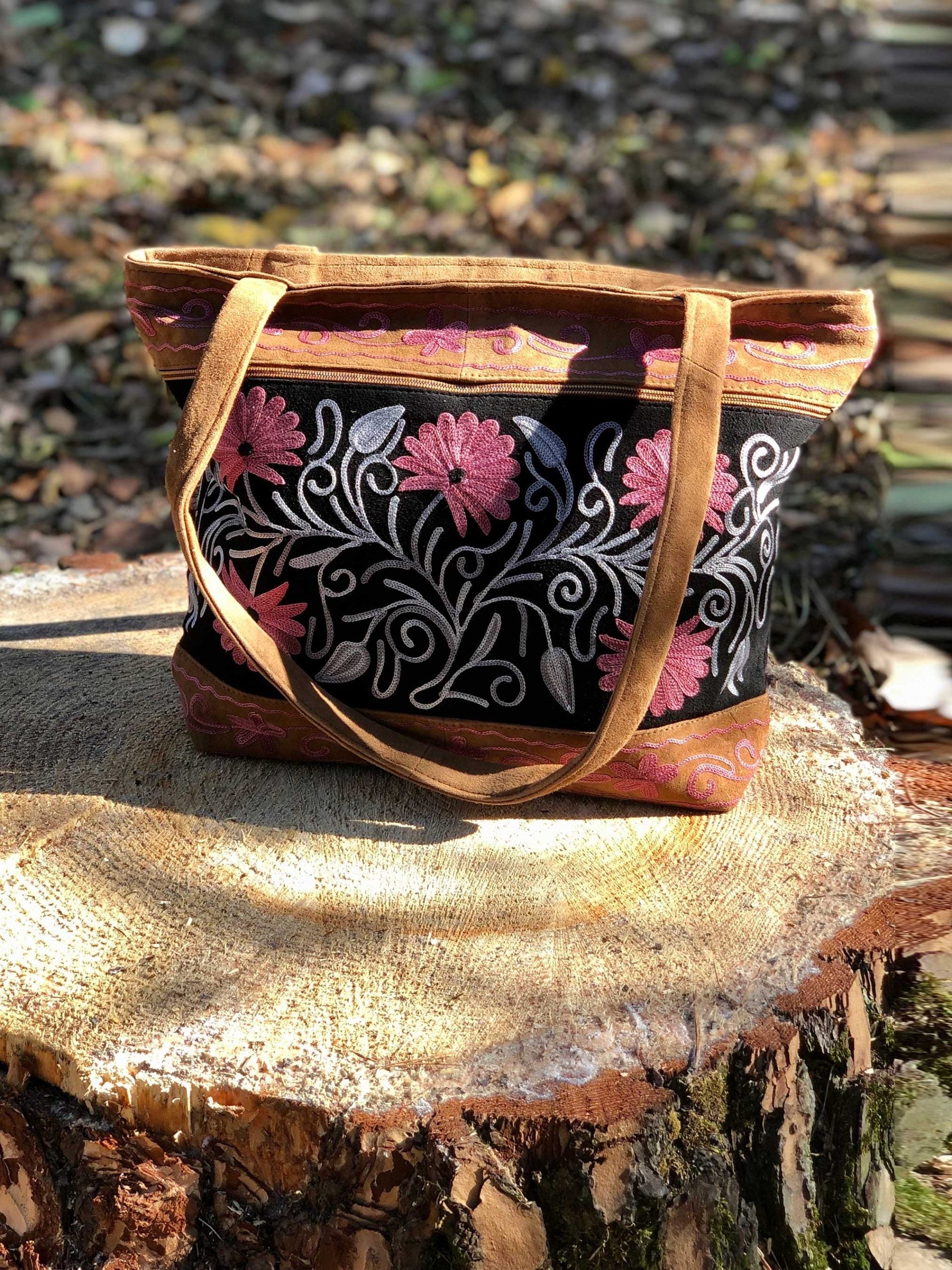 Handmade Black And Pink Suede Embroidered Tote Bag-0