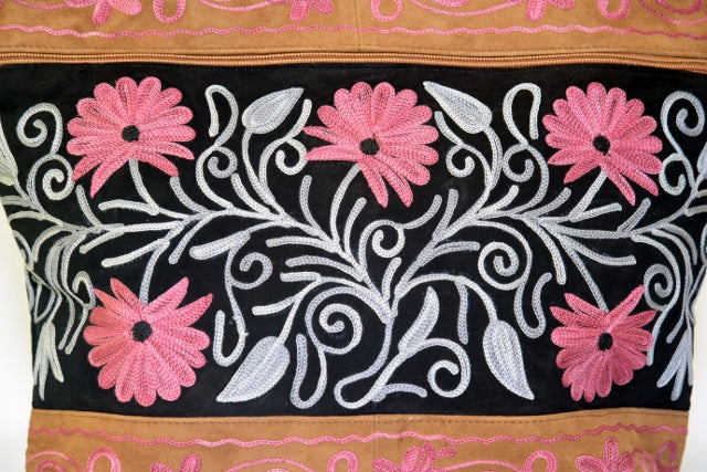 Handmade Black And Pink Suede Embroidered Tote Bag-4