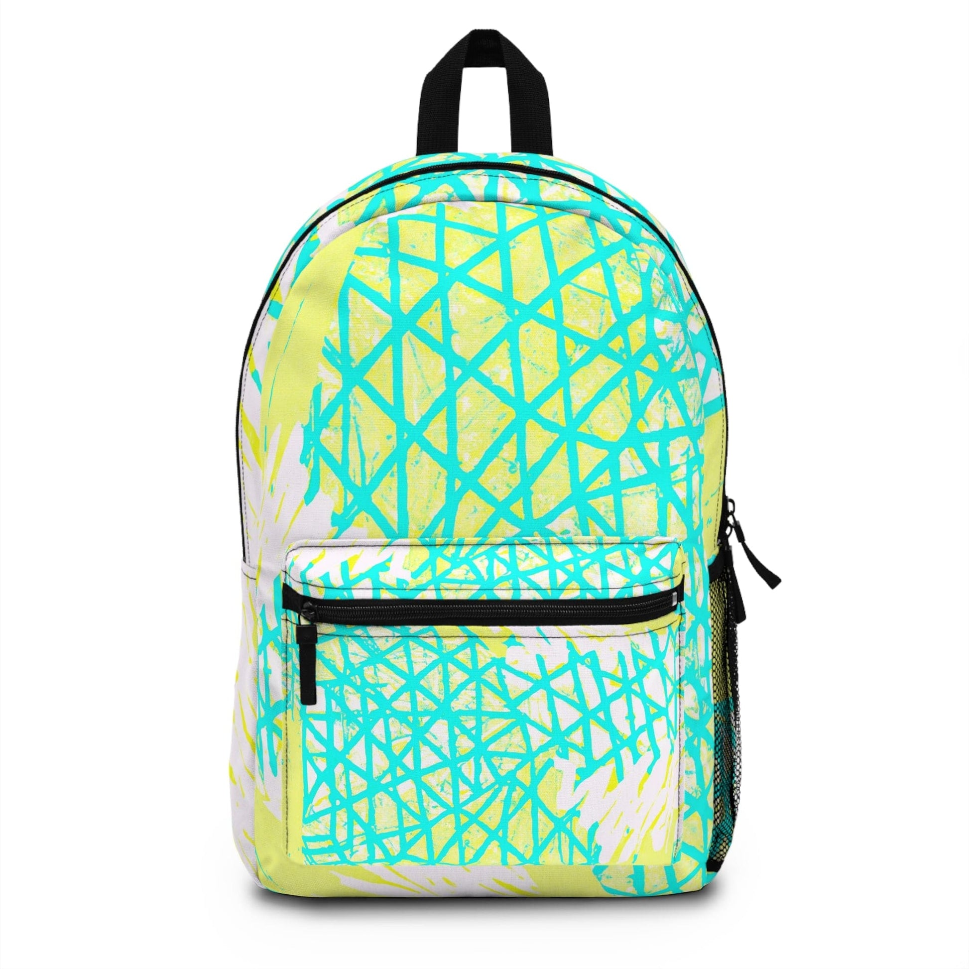 Backpack - Large Water-resistant Bag - Cyan Blue Lime Green and White Pattern-0
