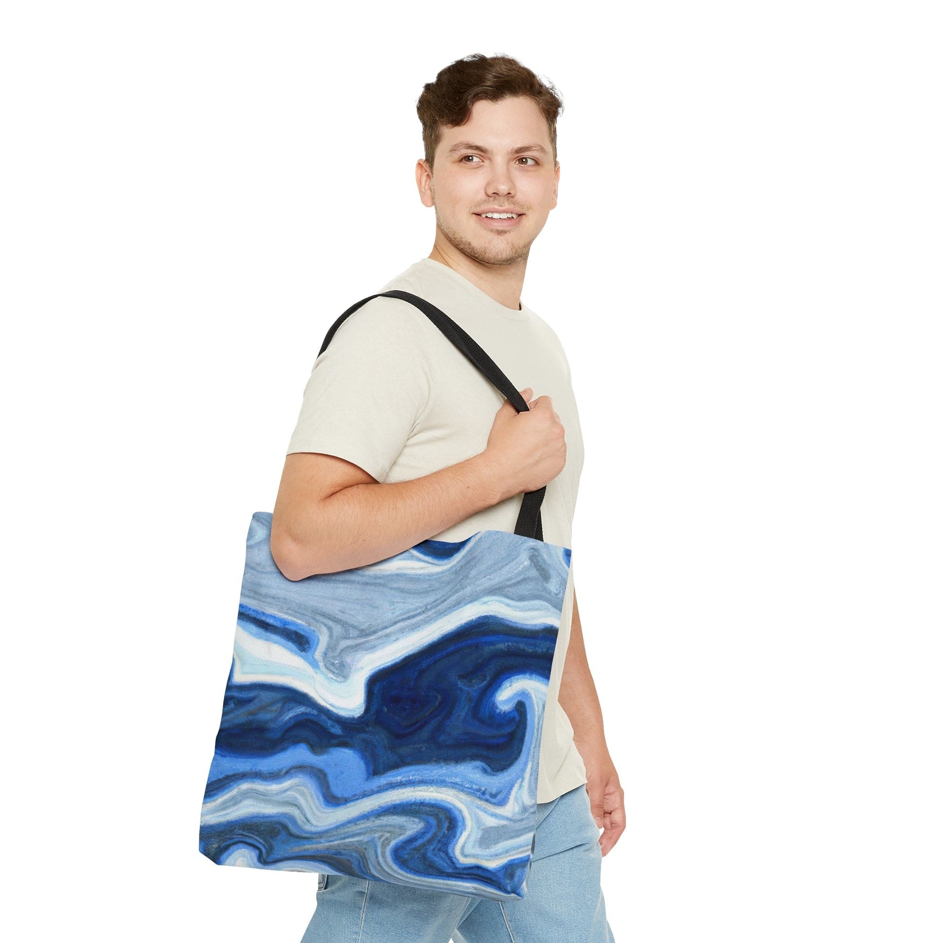 Large Tote Bag Blue White Grey Marble Pattern-4