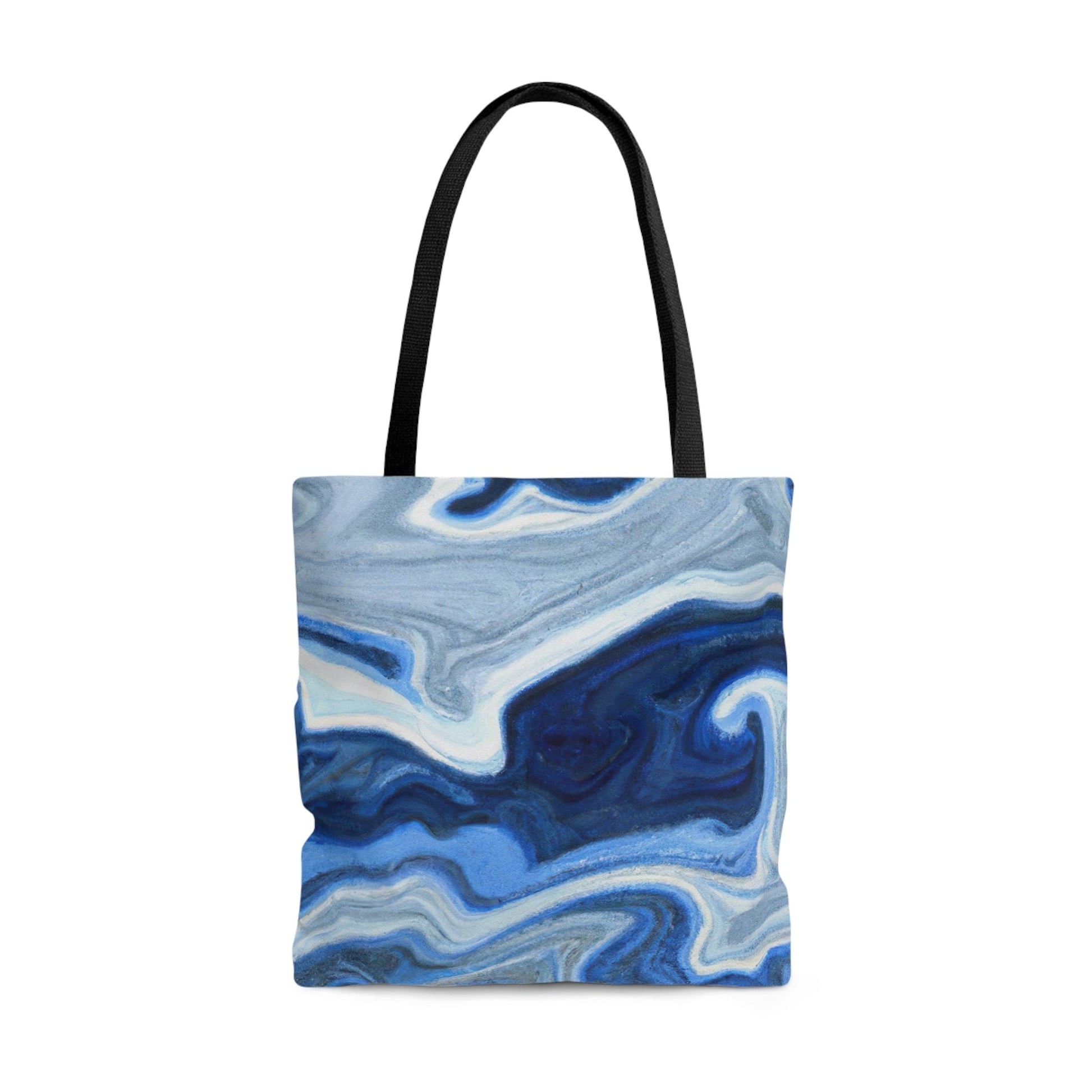 Large Tote Bag Blue White Grey Marble Pattern-0