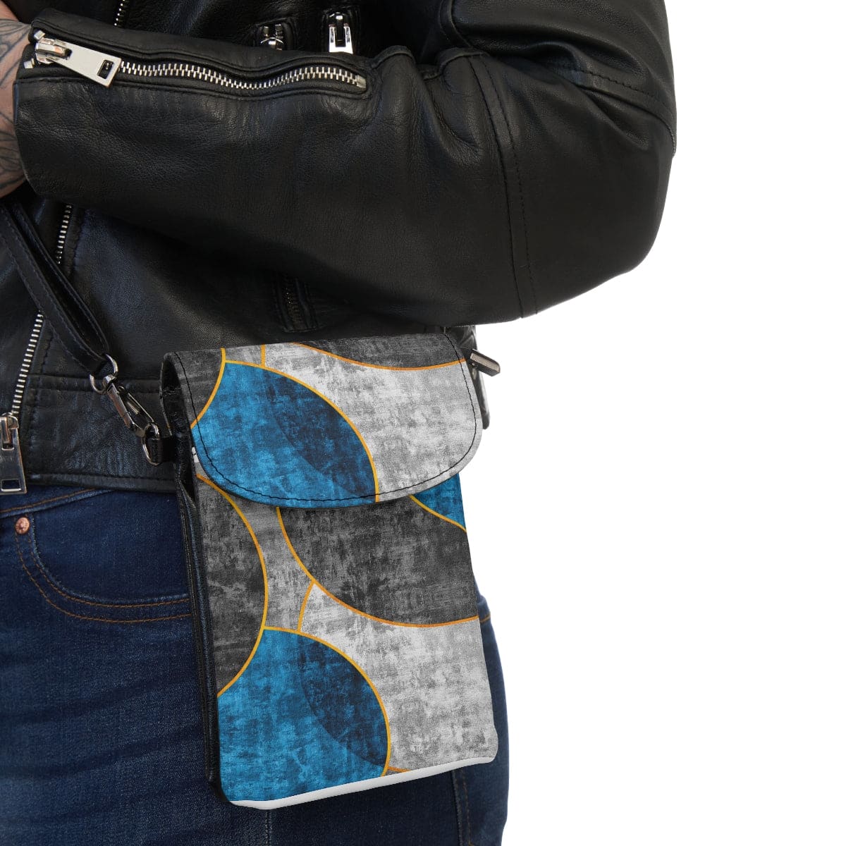 Crossbody Cell Phone Purse - Black Blue Grey Circular Geometric Print-2