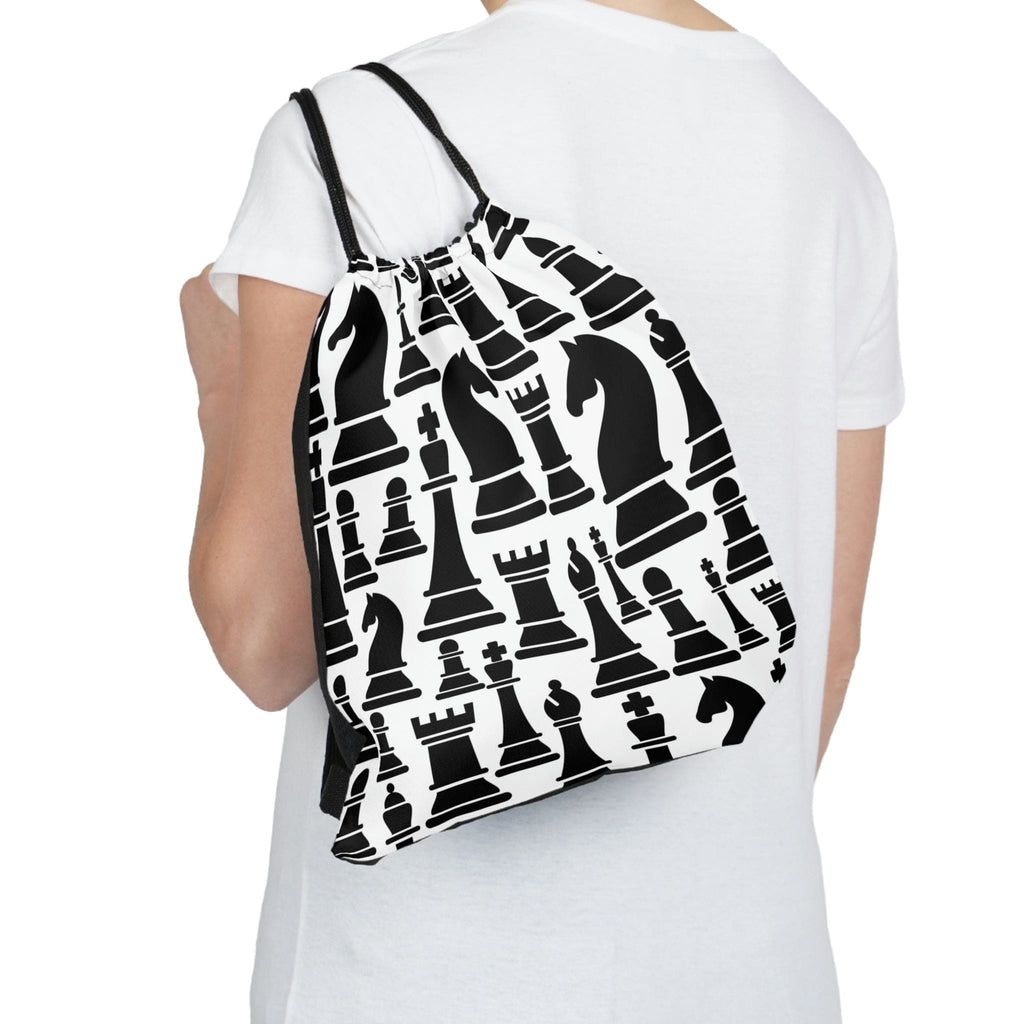 Drawstring Bag - Black and White Chess Print-2