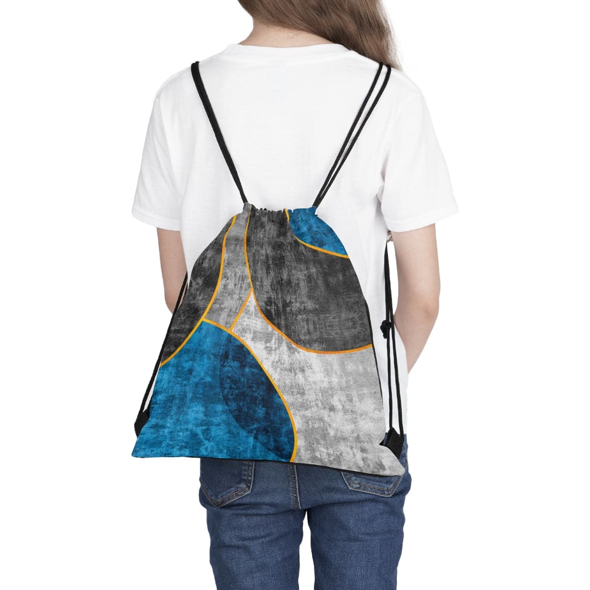 Drawstring Bag - Black Blue Grey Circular Geometric Print-3