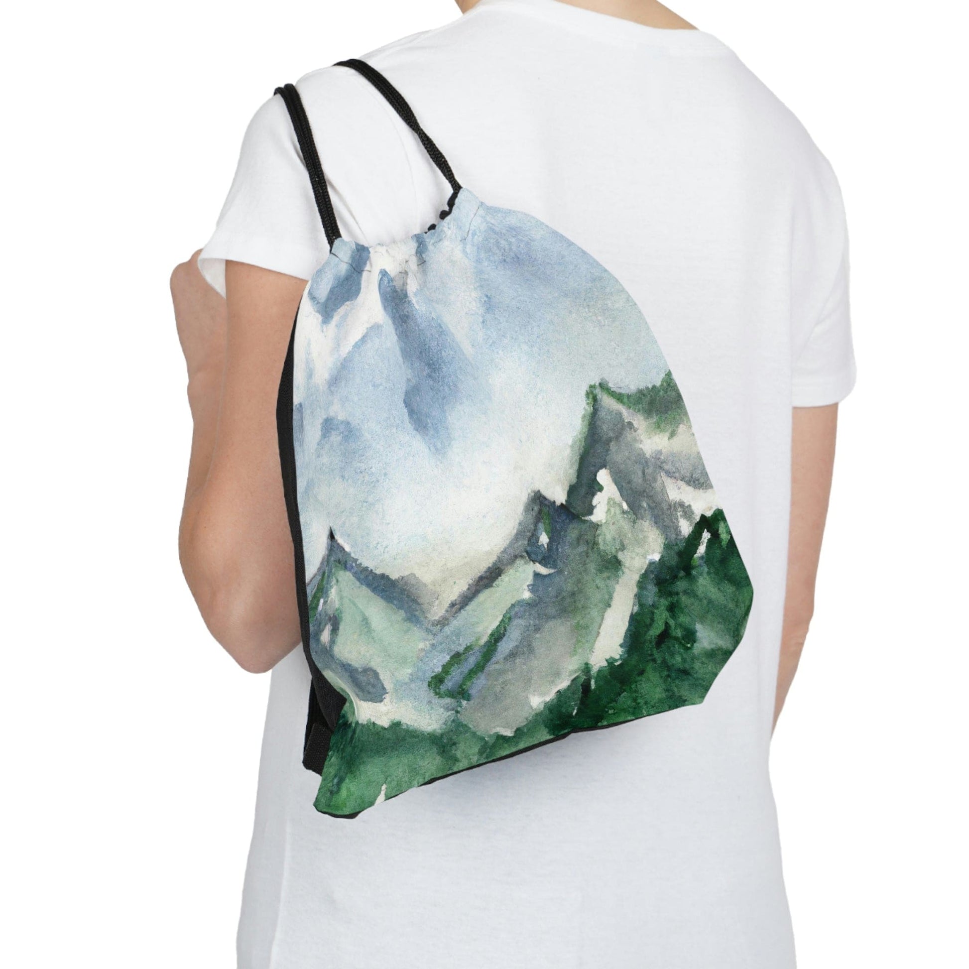Drawstring Bag - Green Mountainside Nature Landscape Blue Sky Print-2