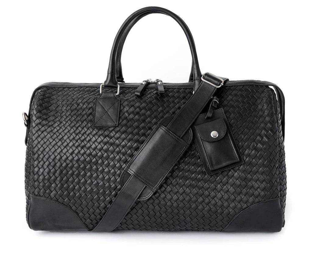 Leather Duffel Bag, Handwoven Luxury Travel Bag, Personalized Woven Leather Overnight Weekender-0