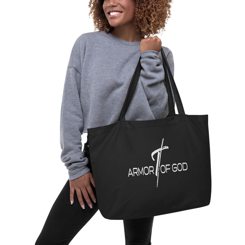 Large Black Tote Bag - Armor of God Inspirational Print-1