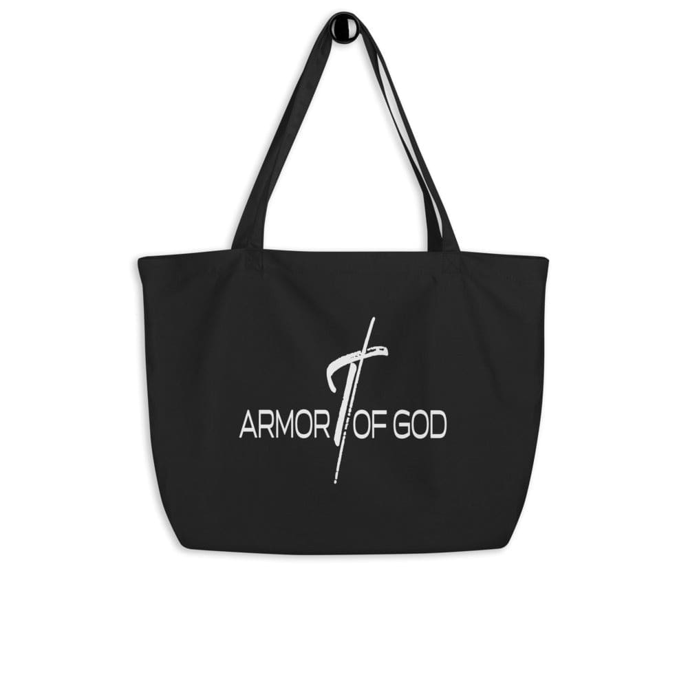 Large Black Tote Bag - Armor of God Inspirational Print-0