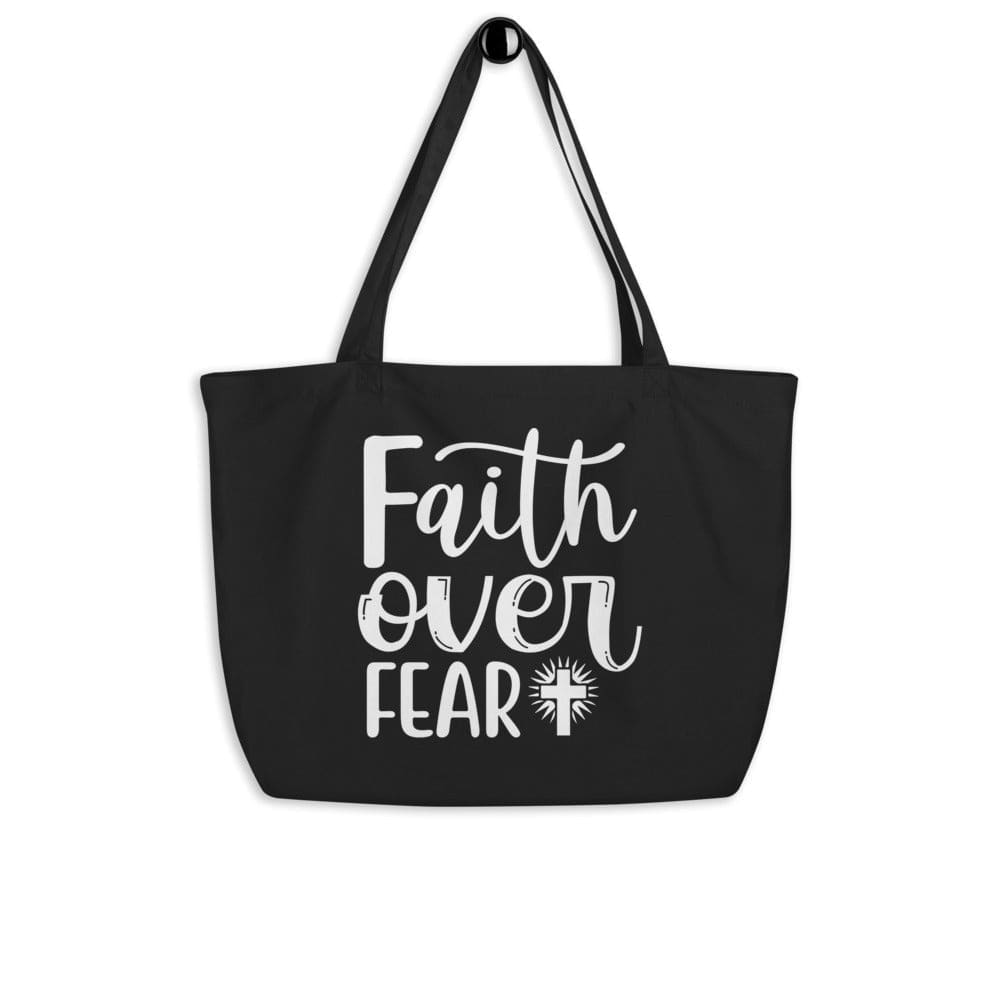Large Black Tote Bag - Faith Over Fear Inspirational Print-0