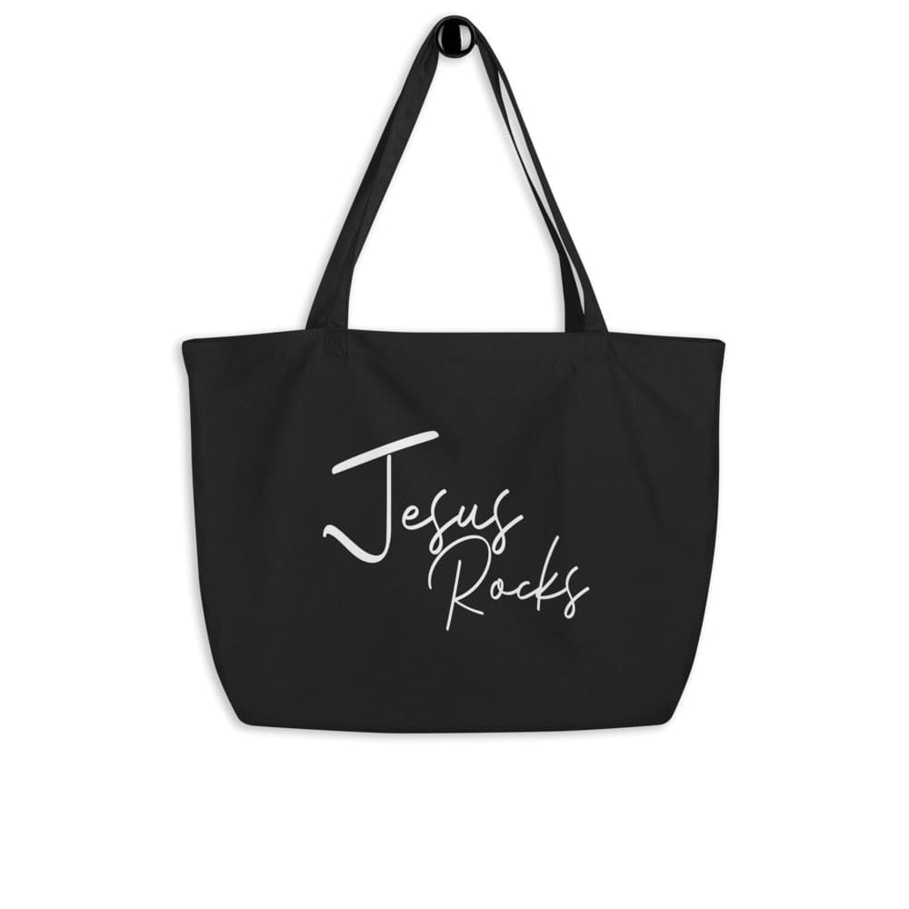 Large Black Tote Bag - Jesus Rocks Inspirational Print-0