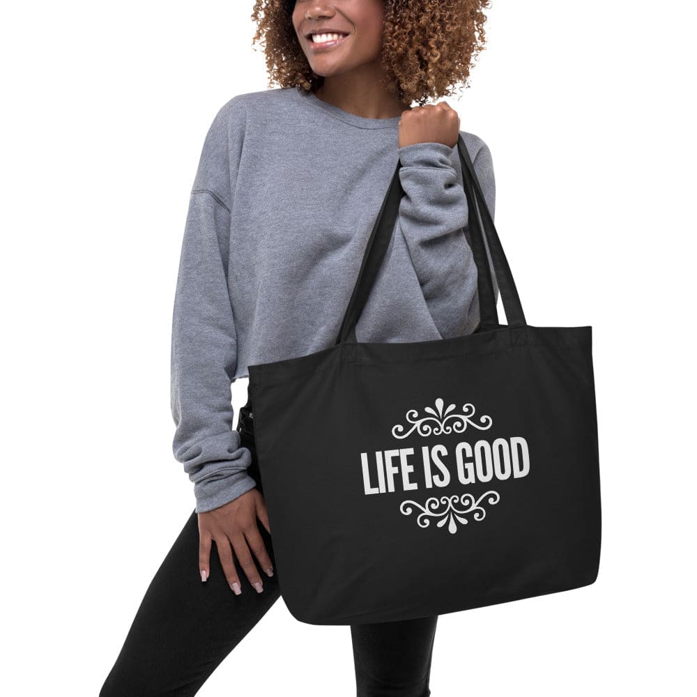 Large Black Tote Bag - Life is Good Inspirational Print Inspirational Print-1