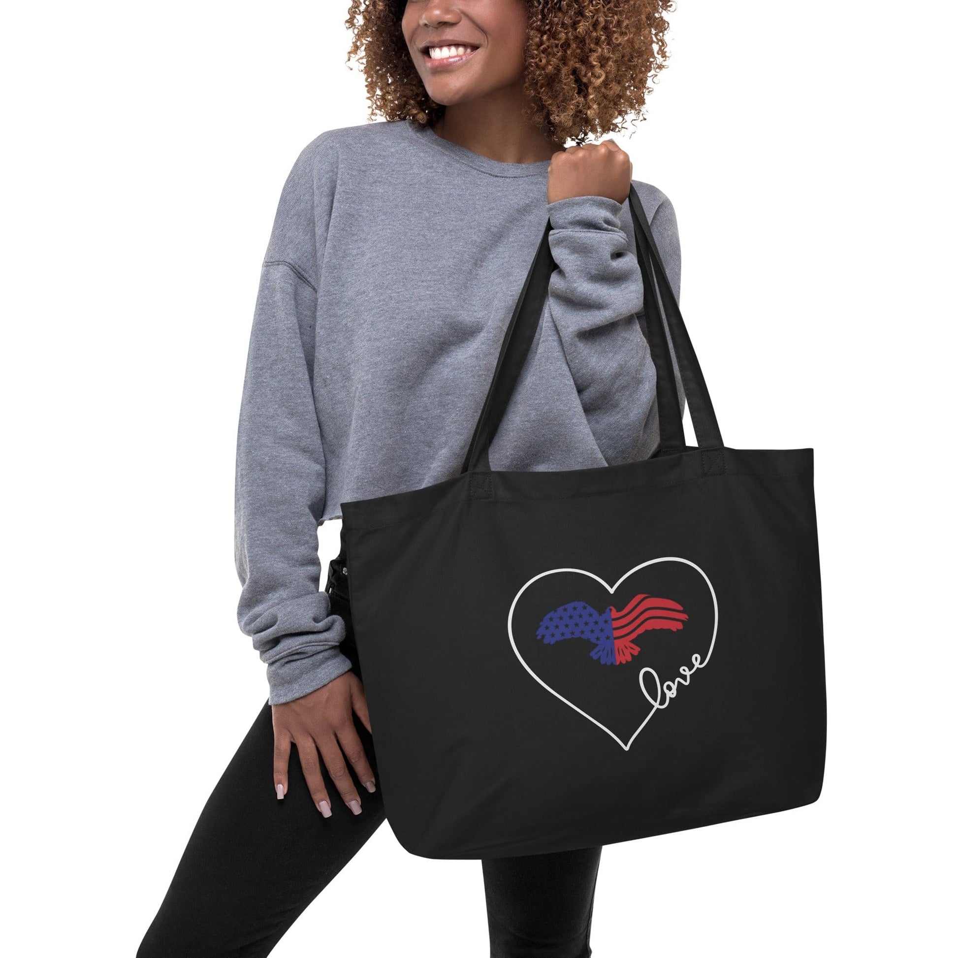 Large Black Tote Bag - Red Blue White Eagle Heart Inspirational Print-1
