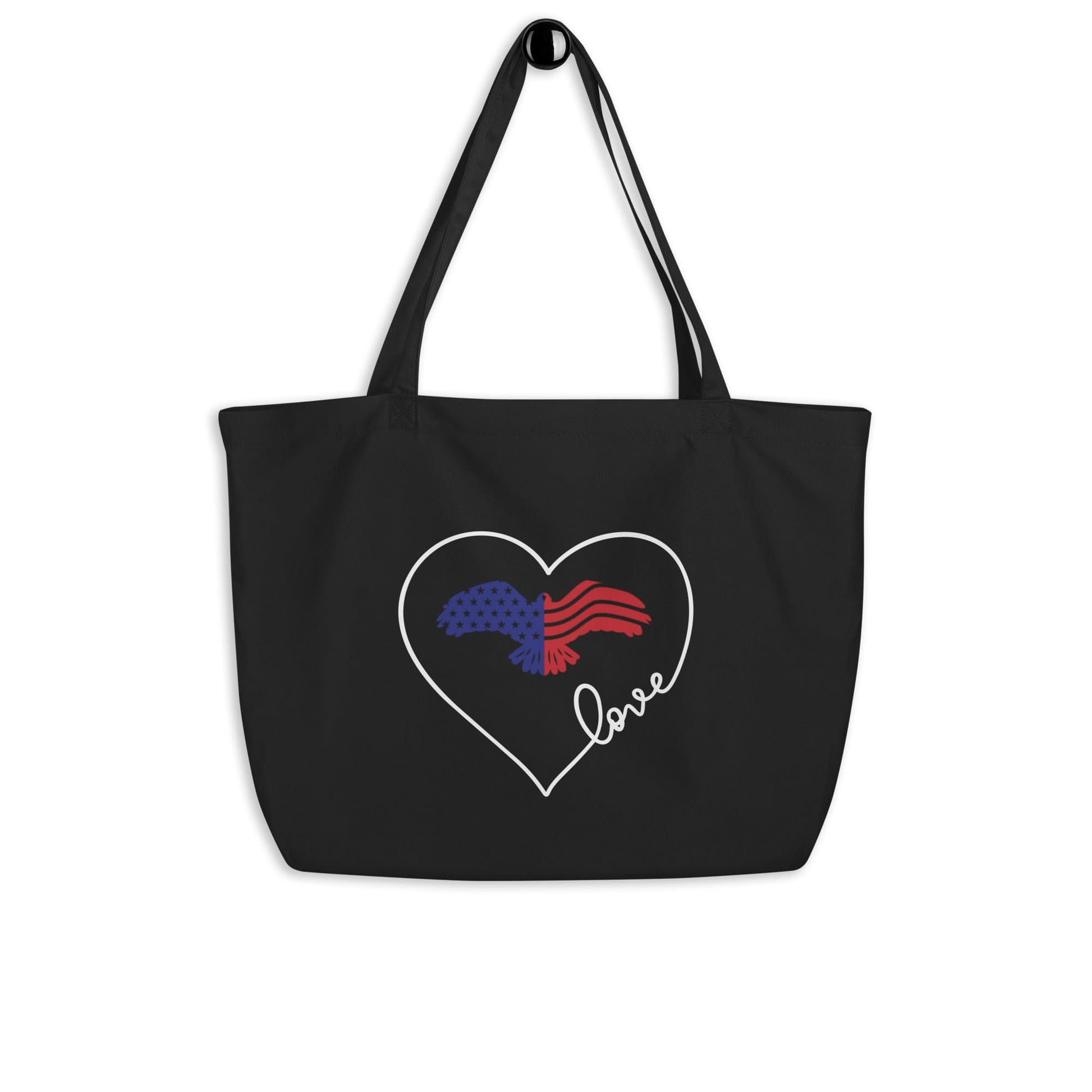 Large Black Tote Bag - Red Blue White Eagle Heart Inspirational Print-0