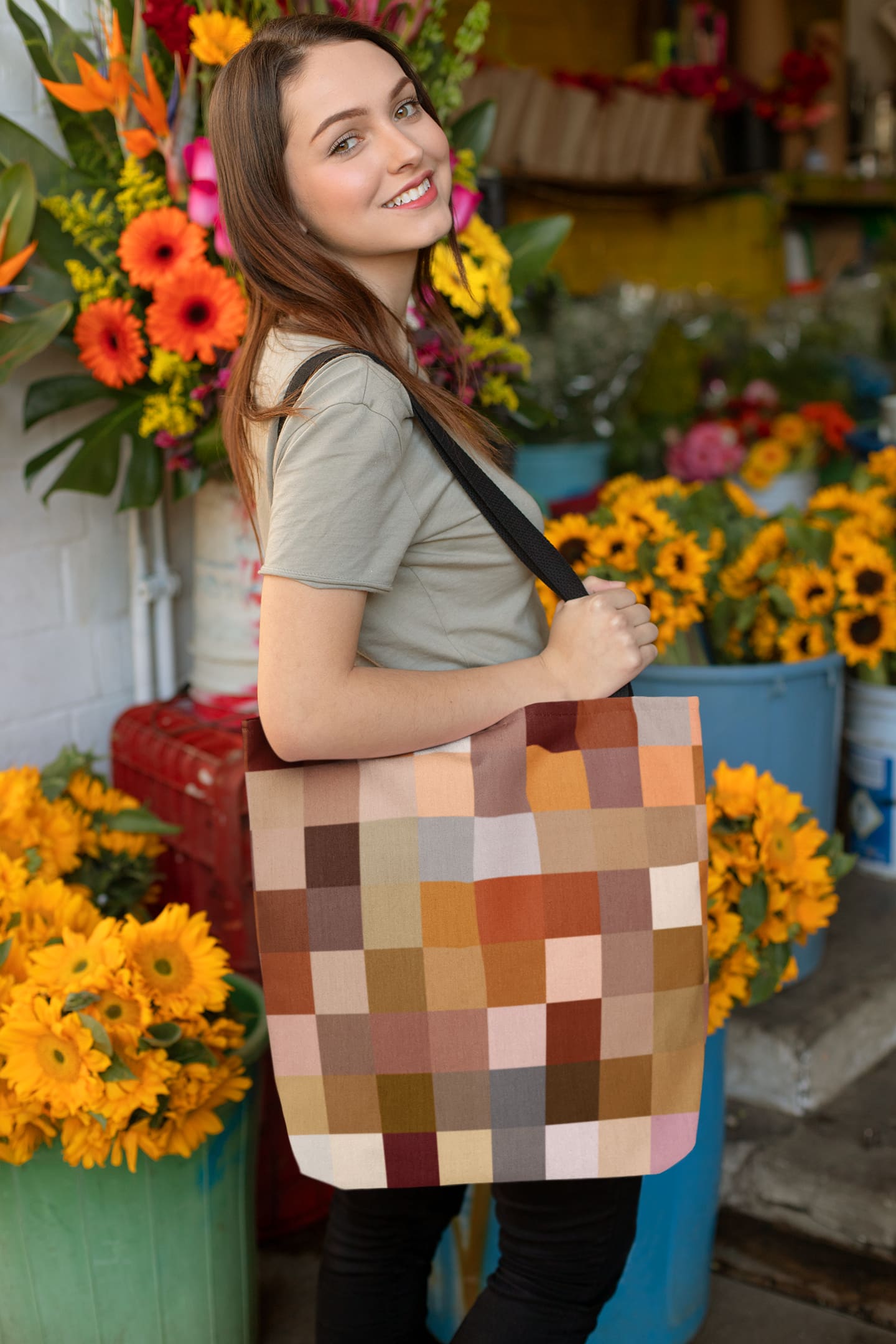 Large Tote Bags - Natural Brown Colorblock Print-3